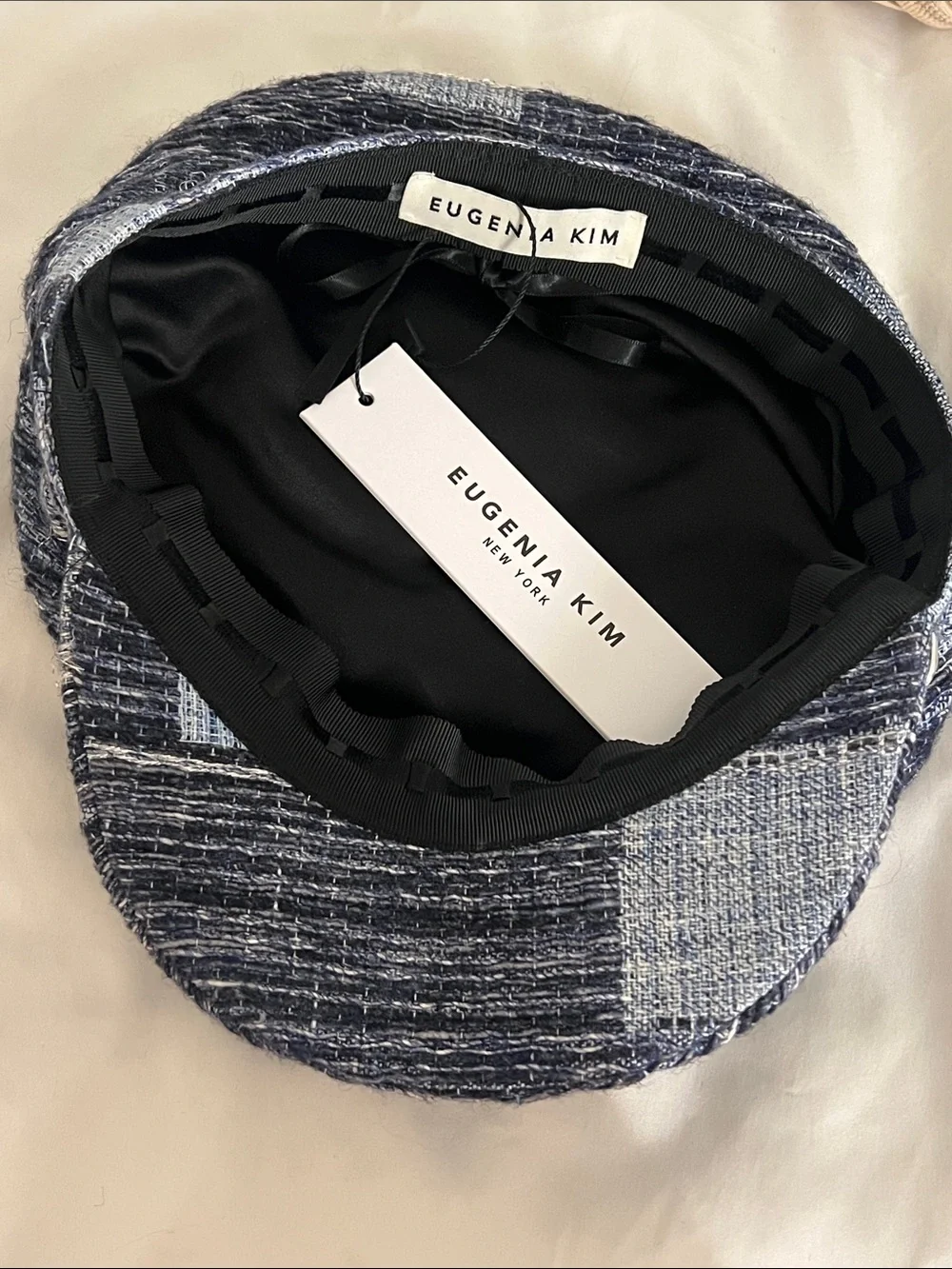 EUGENIA KIM | Women’s Navy Denim Patchwork Baker Boy Cap with SilverChain Detail